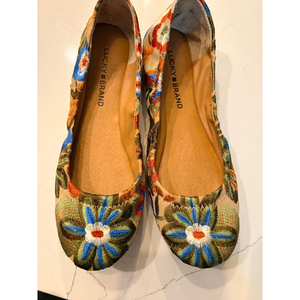 Lucky Brand Ballet Flats Tan Floral Embroidered Boho Slip On Shoes